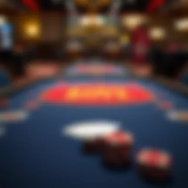 An overview of a Caribbean Stud Poker table with cards and chips