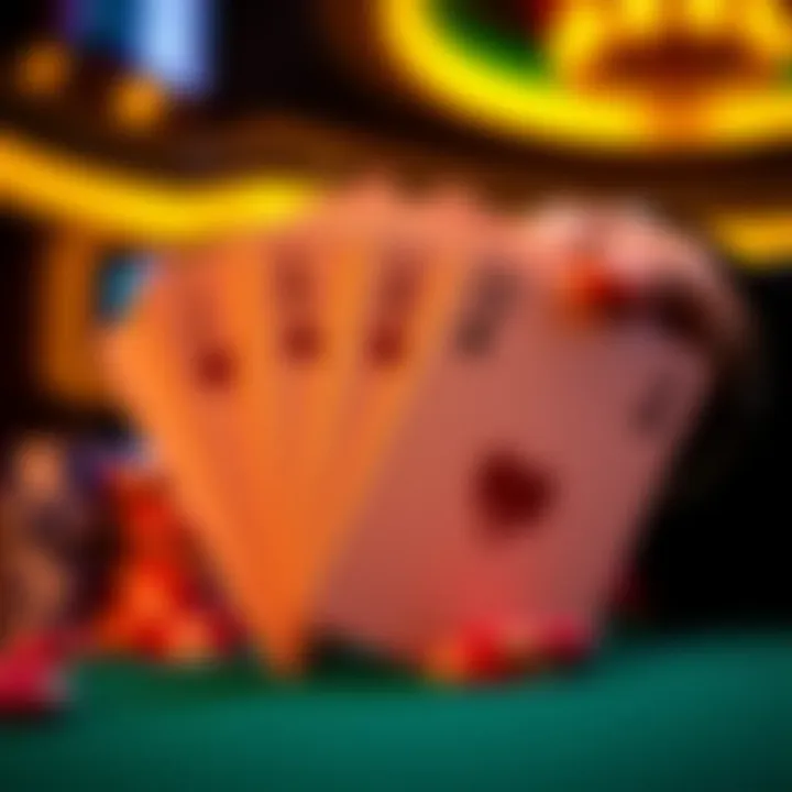 A close-up of poker cards displaying a winning hand in Caribbean Stud