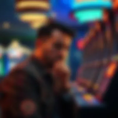 A strategic gamer contemplating choices at a casino machine.