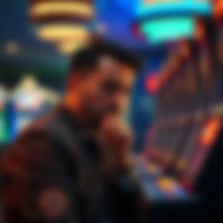 A strategic gamer contemplating choices at a casino machine.