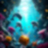 Vibrant underwater scene featuring dolphins and treasure