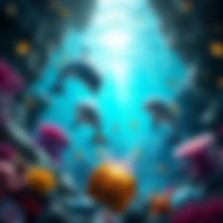 Vibrant underwater scene featuring dolphins and treasure