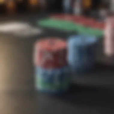 A close-up of poker chips and cards on a table