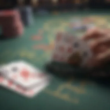 A close-up of a blackjack table with chips and cards