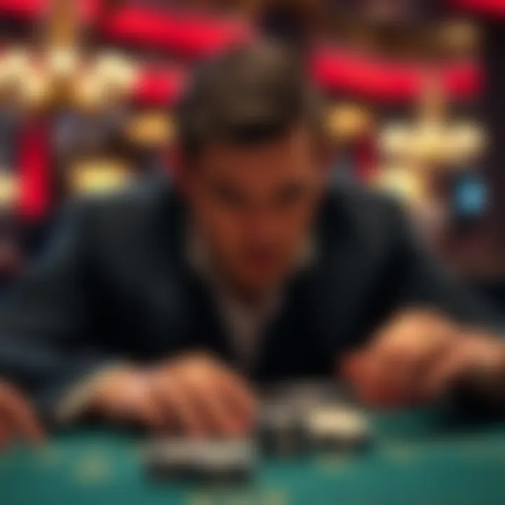 An intense moment in a blackjack game, highlighting the dealer's expression.