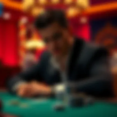 A focused player contemplating their next move in a one-on-one blackjack game.