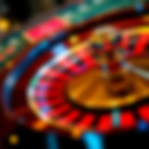 A close-up view of a roulette wheel in motion, showcasing the vibrant colors and numbers.