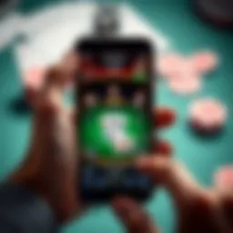 A hands-on view of an iPhone displaying a poker game interface.