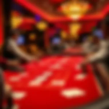 A Baccarat table with cards laid out and players making bets