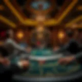 An elegant casino setting showcasing a Blackjack table with players engaged