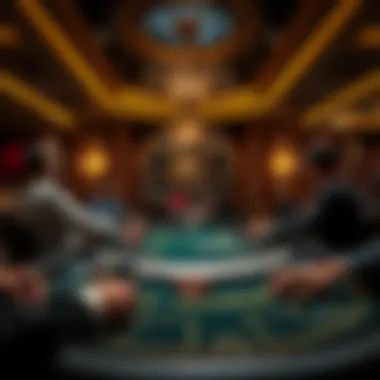 An elegant casino setting showcasing a Blackjack table with players engaged