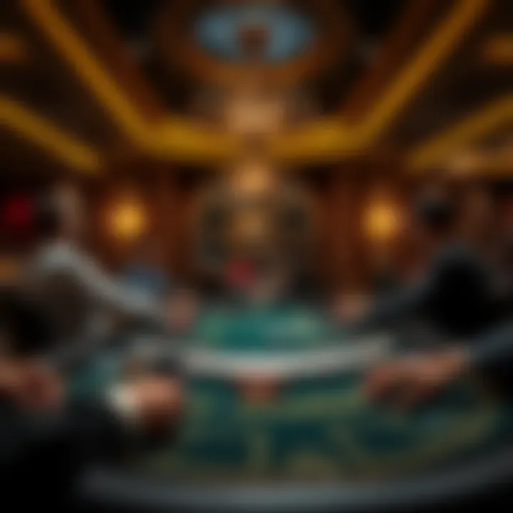 An elegant casino setting showcasing a Blackjack table with players engaged