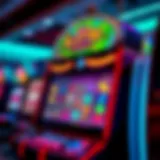 A vibrant slot machine display with colorful graphics