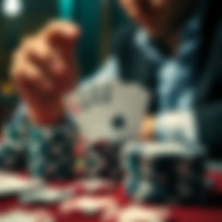 Close-up of poker chips and cards with a thoughtful player