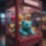 A close-up view of a claw machine featuring colorful plush toys