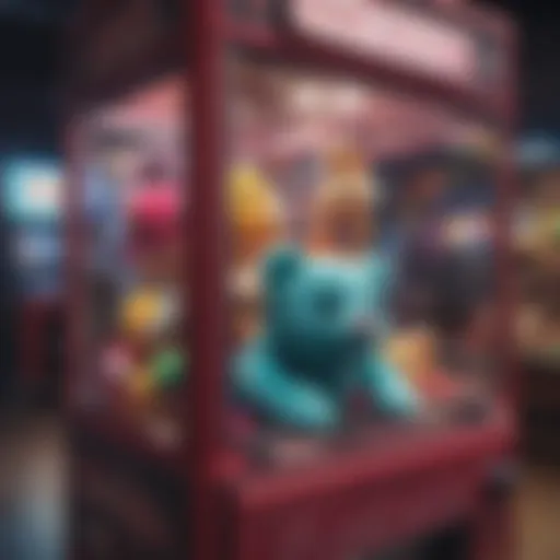 A close-up view of a claw machine featuring colorful plush toys