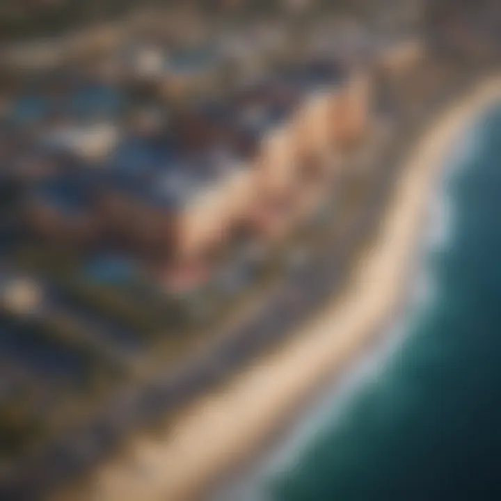 Aerial view of a famous casino resort nestled by the coastline