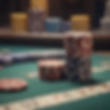 Close-up of poker chips and cards on a gaming table