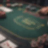 A strategic poker table displaying various chips and cards