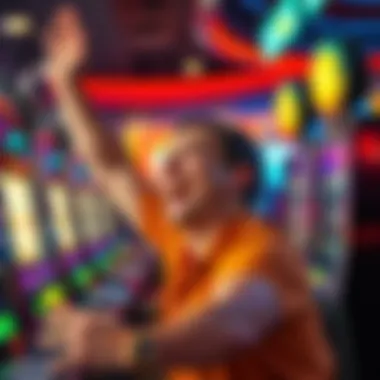 A joyful player celebrating a winning moment at a slot machine