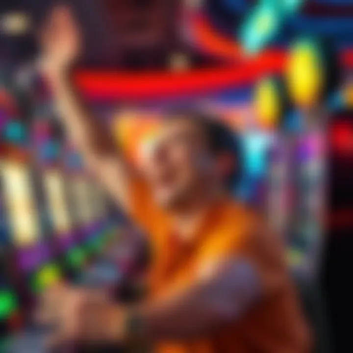 A joyful player celebrating a winning moment at a slot machine