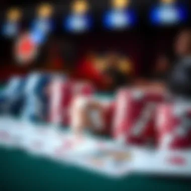 Close-up of poker chips and cards during a tournament