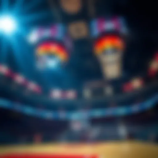 NCAA basketball court under bright lights