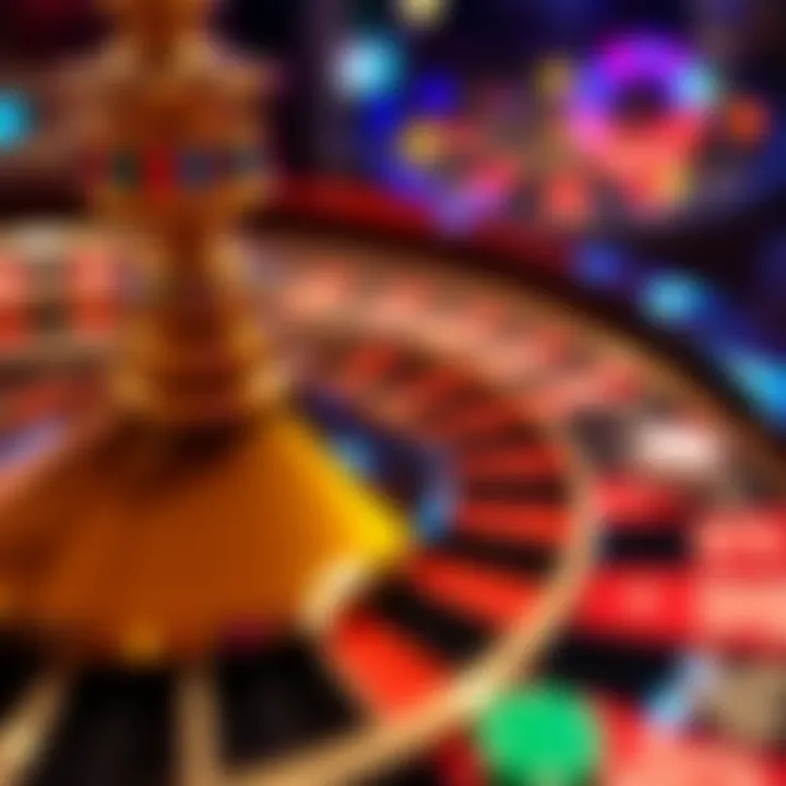 Close-up of a roulette wheel spinning with colorful chips around it.