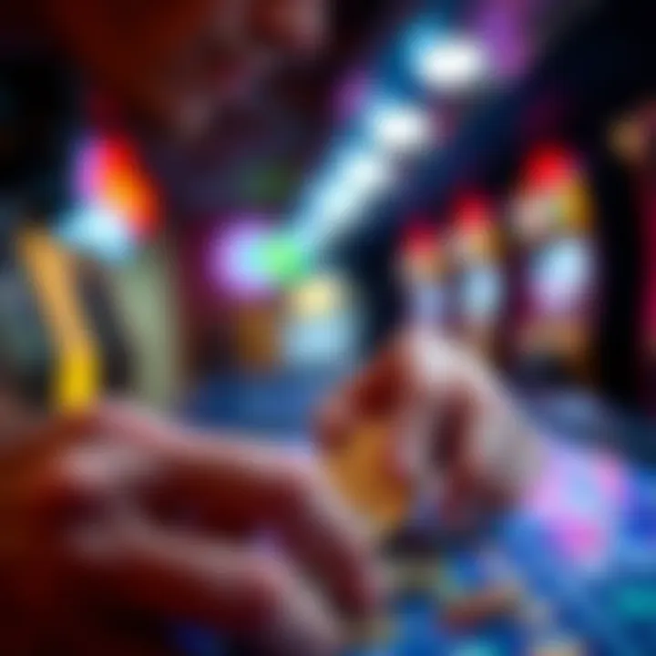 A close-up of a person scratching off a ticket with coins