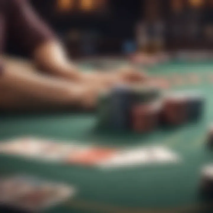 A detailed poker table setup featuring chips and cards