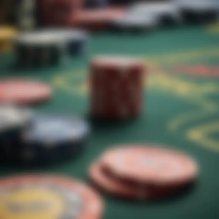 A close-up of poker chips and cards on a felt table