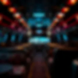Luxurious bus interior featuring comfortable seating and amenities.