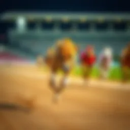 A greyhound racing on a track showcasing speed and agility