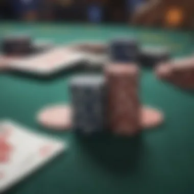 A close-up of poker chips and cards on a gaming table.